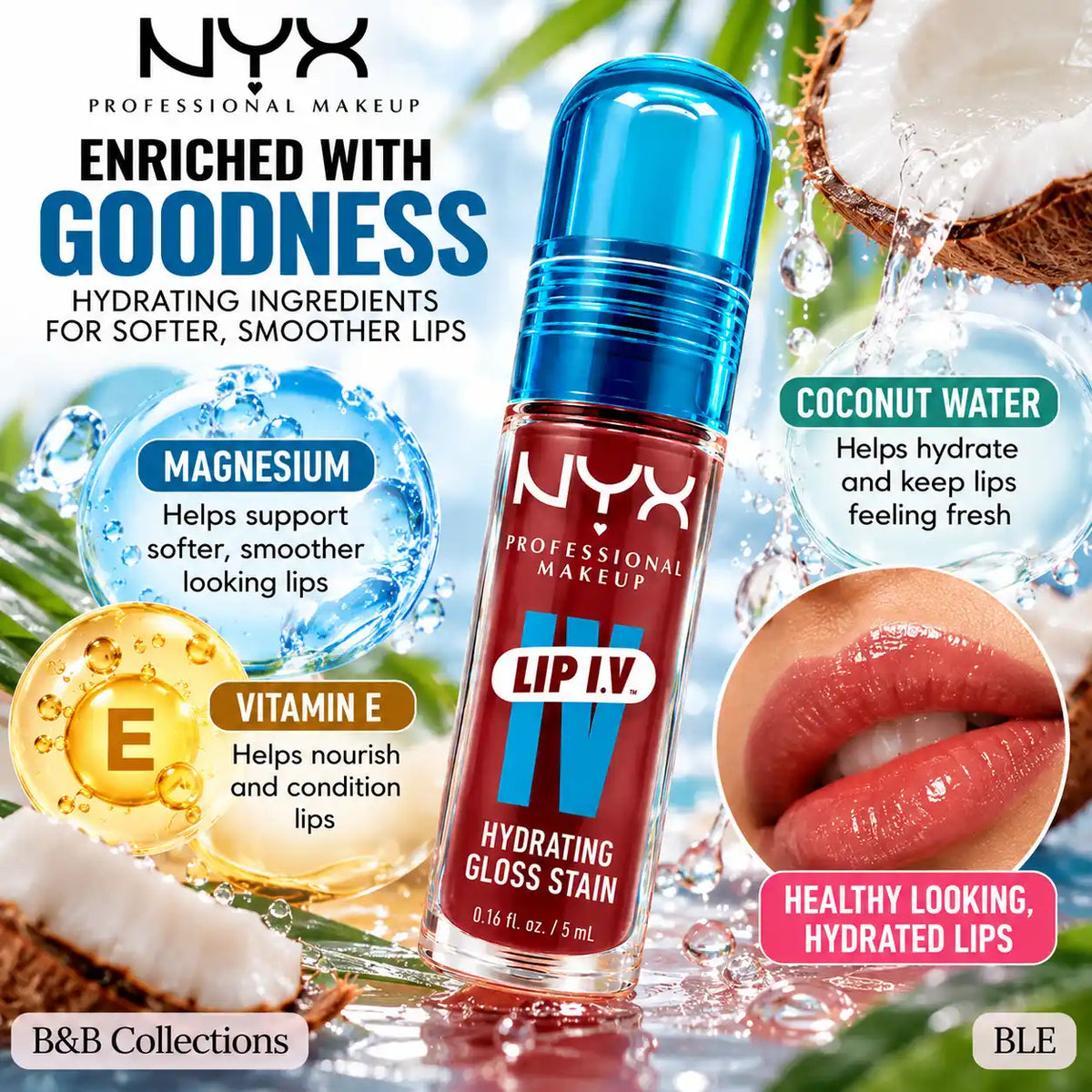NYX Professional Makeup Lip I.V. Hydrating Gloss Stain, 12-Hour Hydration, Glossy Lip Color, Available in Hydra Honey, Bubblegum Burst & Blush Rush