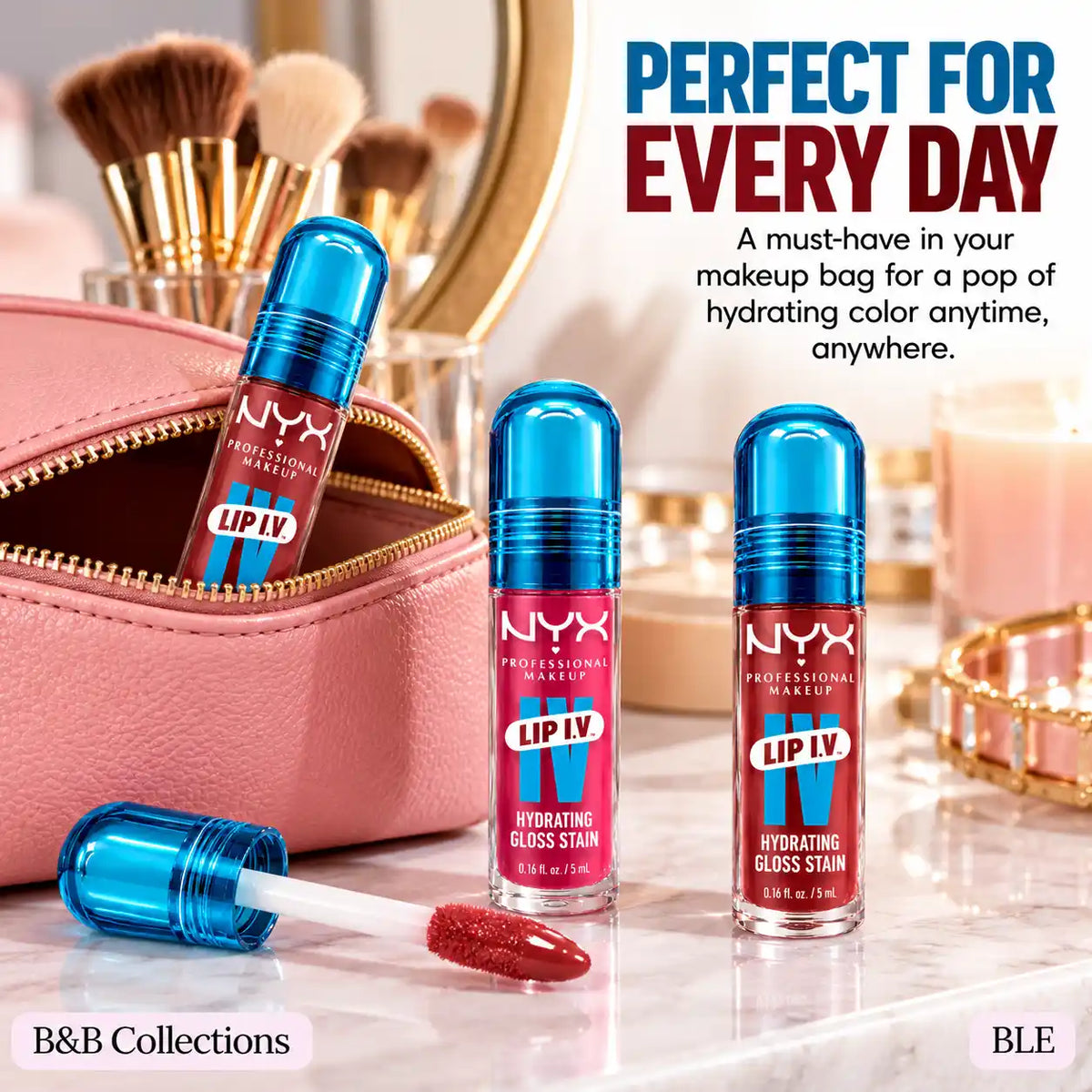 NYX Professional Makeup Lip I.V. Hydrating Gloss Stain, 12-Hour Hydration, Glossy Lip Color, Available in Hydra Honey, Bubblegum Burst & Blush Rush