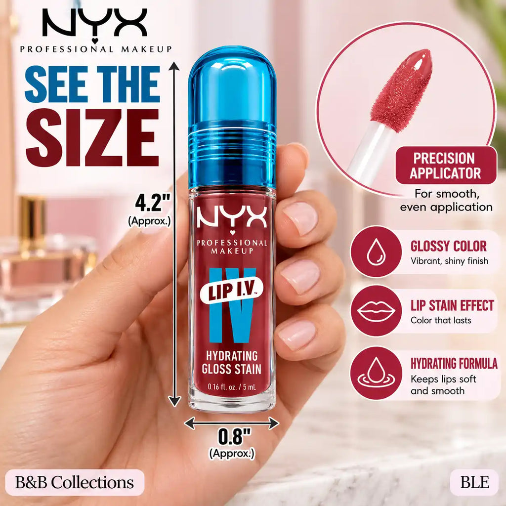 NYX Professional Makeup Lip I.V. Hydrating Gloss Stain, 12-Hour Hydration, Glossy Lip Color, Available in Hydra Honey, Bubblegum Burst & Blush Rush