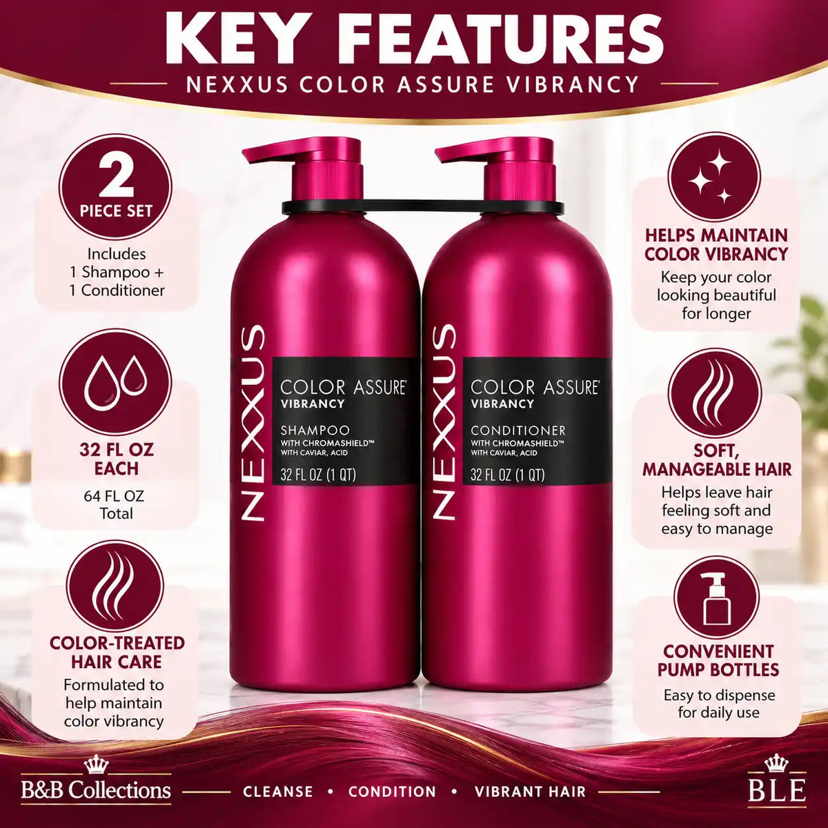 Nexxus Color Assure Vibrancy Shampoo & Conditioner Set, 32 fl oz Each, Color-Treated Hair Care, 2-Piece Set