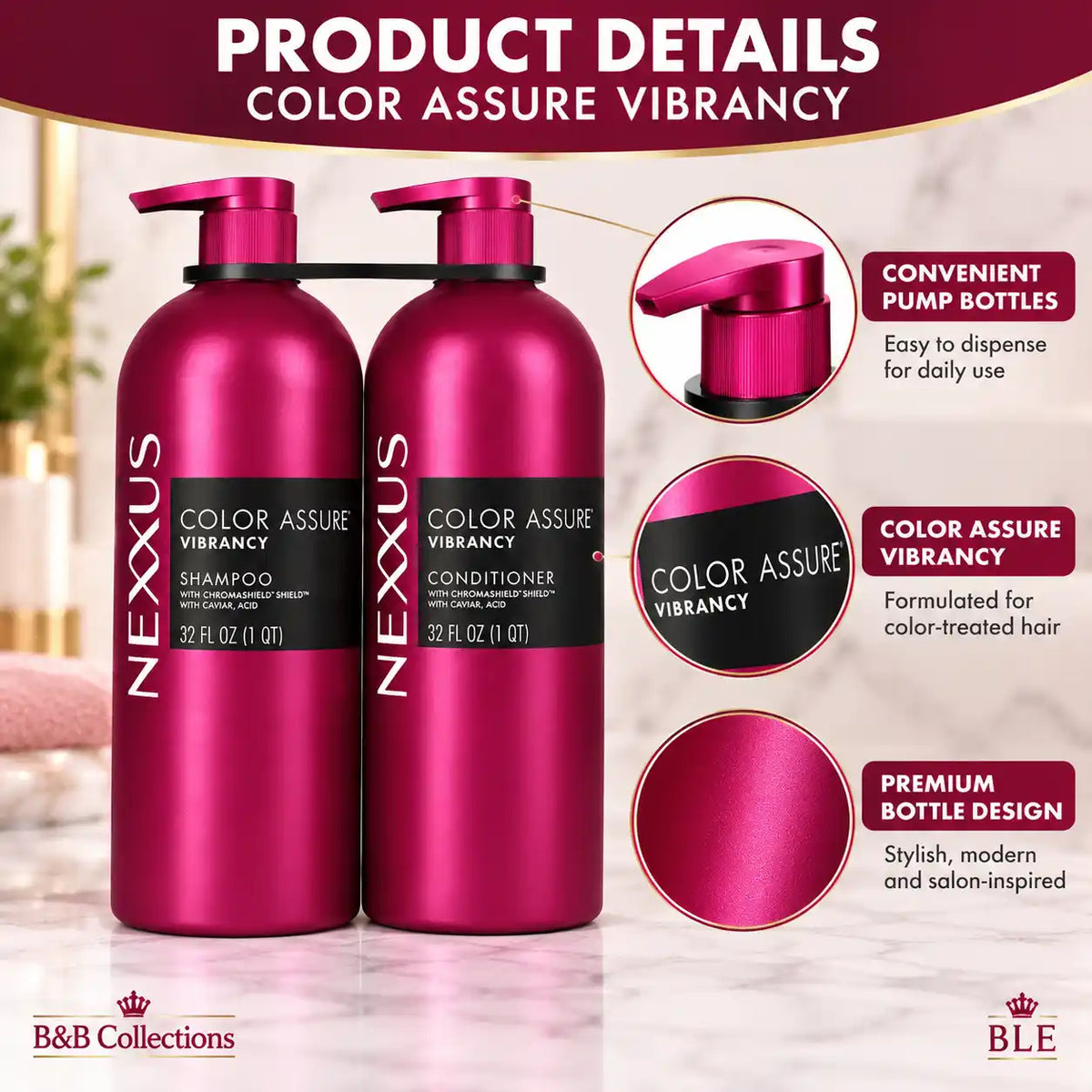 Nexxus Color Assure Vibrancy Shampoo & Conditioner Set, 32 fl oz Each, Color-Treated Hair Care, 2-Piece Set