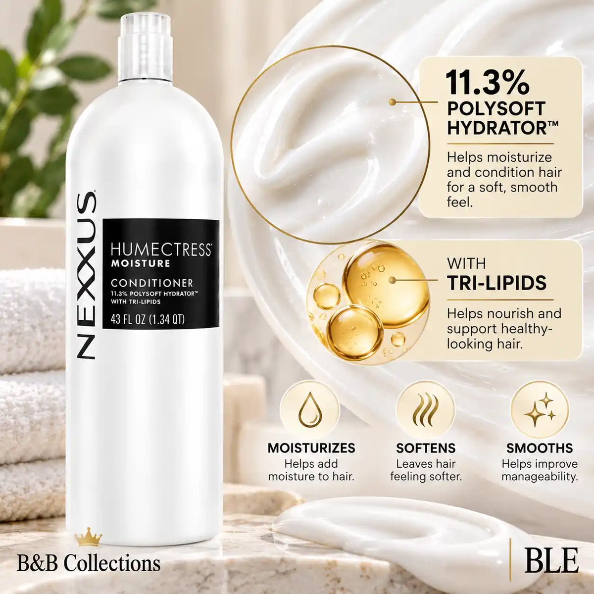Nexxus Humectress Moisture Conditioner, 43 fl oz (1.34 QT), with 11.3% Polysoft Hydrator and Tri-Lipids, Moisturizing Hair Conditioner