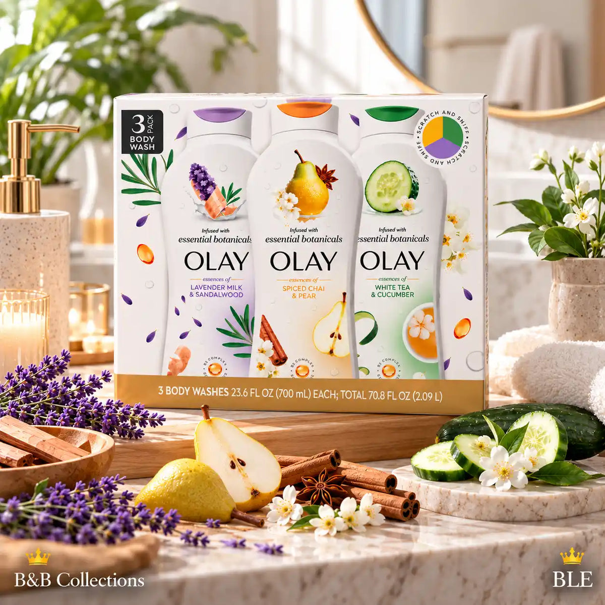 Olay Essential Botanicals Body Wash Variety Pack, 3 × 23.6 fl oz, Lavender Milk & Sandalwood, Spiced Chai & Pear, White Tea & Cucumber, 70.8 fl oz Total
