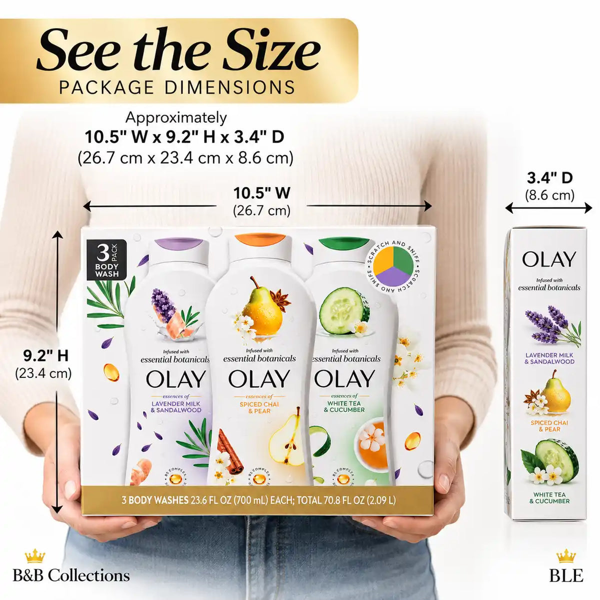 Olay Essential Botanicals Body Wash Variety Pack, 3 × 23.6 fl oz, Lavender Milk & Sandalwood, Spiced Chai & Pear, White Tea & Cucumber, 70.8 fl oz Total
