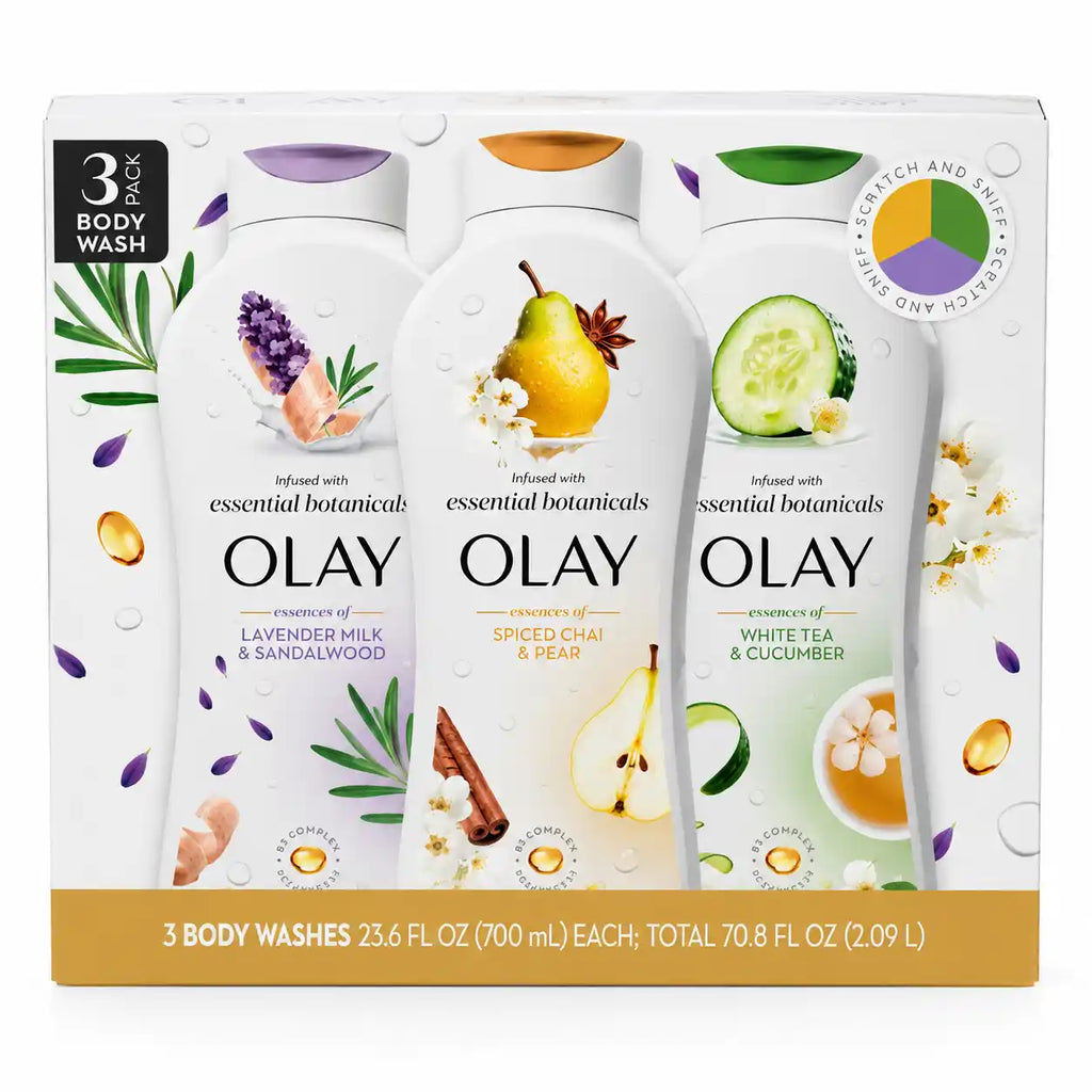 Olay Essential Botanicals Body Wash Variety Pack, 3 × 23.6 fl oz, Lavender Milk & Sandalwood, Spiced Chai & Pear, White Tea & Cucumber, 70.8 fl oz Total