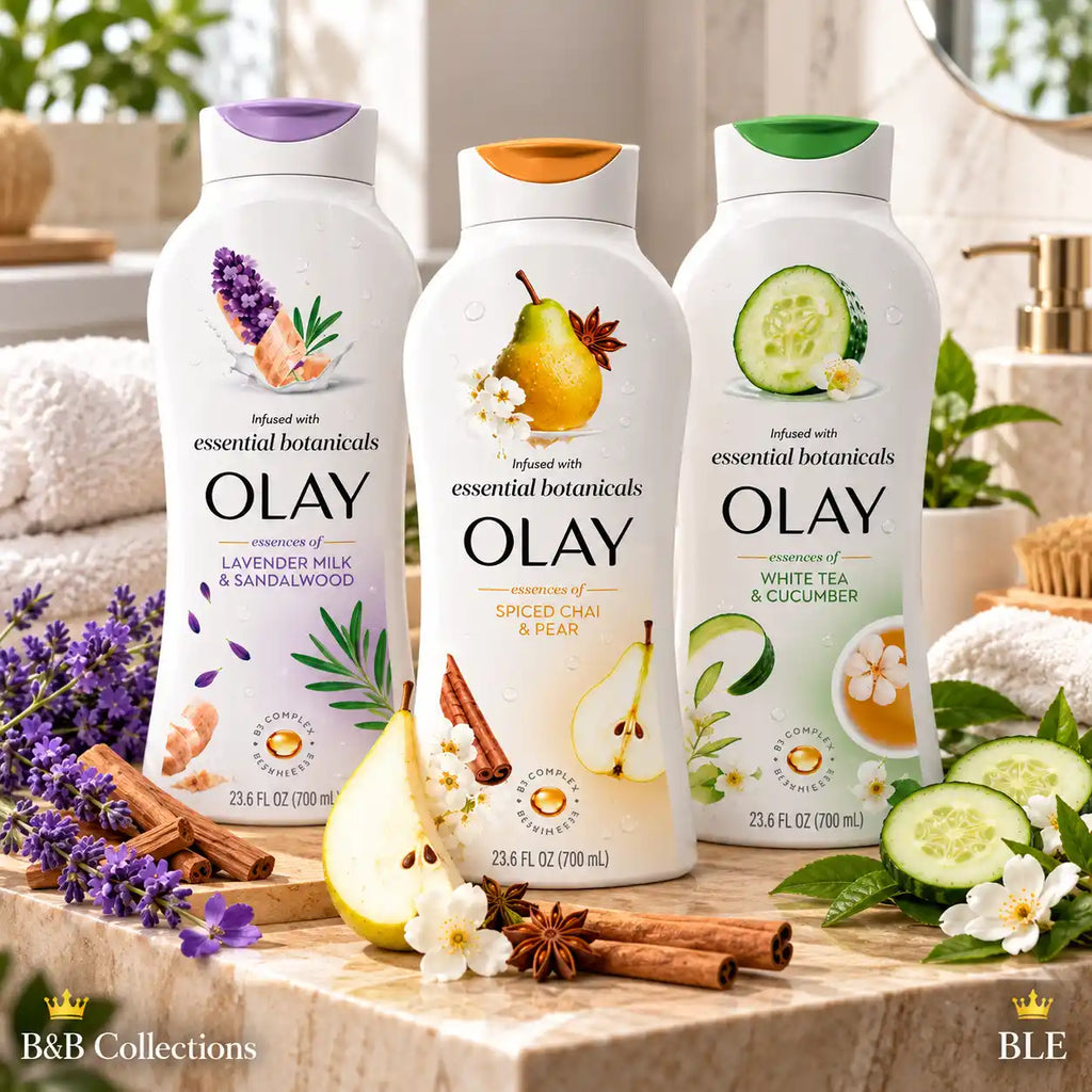 Olay Essential Botanicals Body Wash Variety Pack, 3 × 23.6 fl oz, Lavender Milk & Sandalwood, Spiced Chai & Pear, White Tea & Cucumber, 70.8 fl oz Total