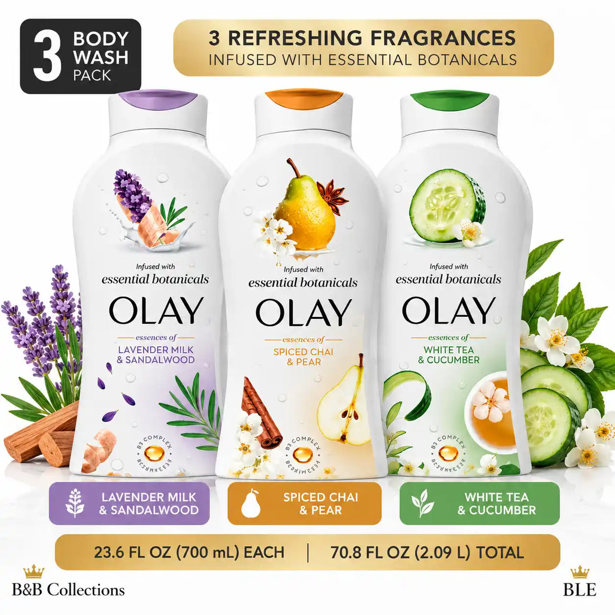 Olay Essential Botanicals Body Wash Variety Pack, 3 × 23.6 fl oz, Lavender Milk & Sandalwood, Spiced Chai & Pear, White Tea & Cucumber, 70.8 fl oz Total