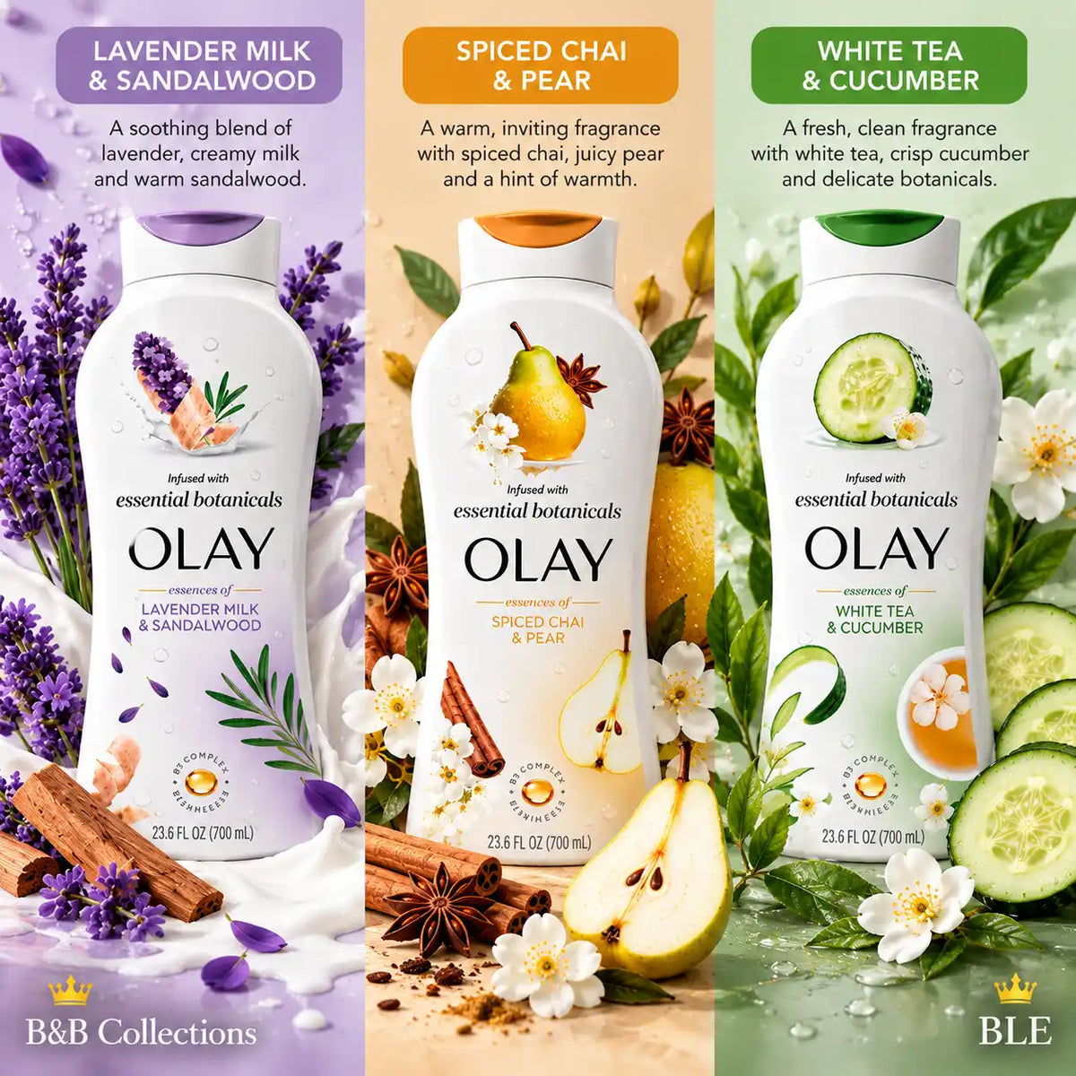 Olay Essential Botanicals Body Wash Variety Pack, 3 × 23.6 fl oz, Lavender Milk & Sandalwood, Spiced Chai & Pear, White Tea & Cucumber, 70.8 fl oz Total