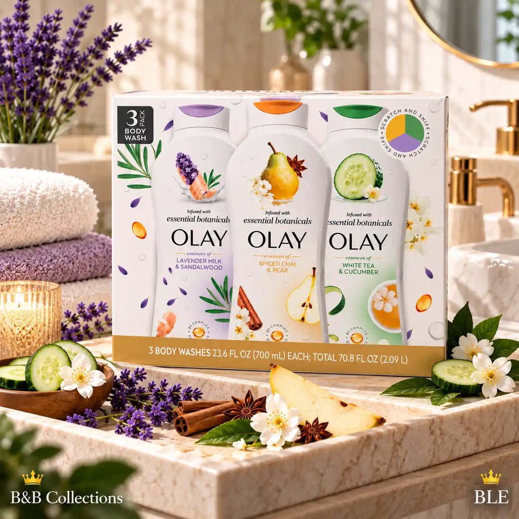 Olay Essential Botanicals Body Wash Variety Pack, 3 × 23.6 fl oz, Lavender Milk & Sandalwood, Spiced Chai & Pear, White Tea & Cucumber, 70.8 fl oz Total