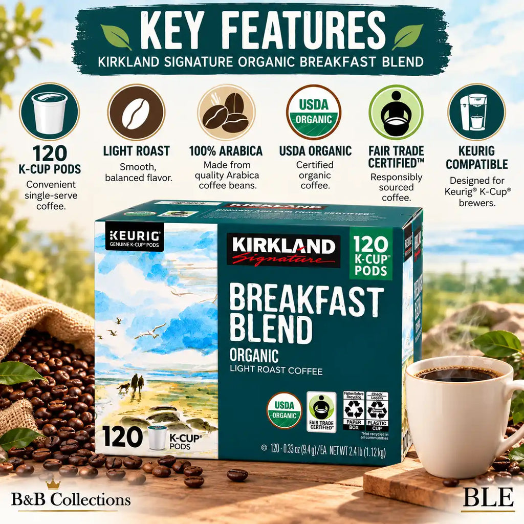 Kirkland Signature Organic Breakfast Blend Light Roast Coffee, 120 Keurig K-Cup Pods, 100% Arabica, Fair Trade Certified