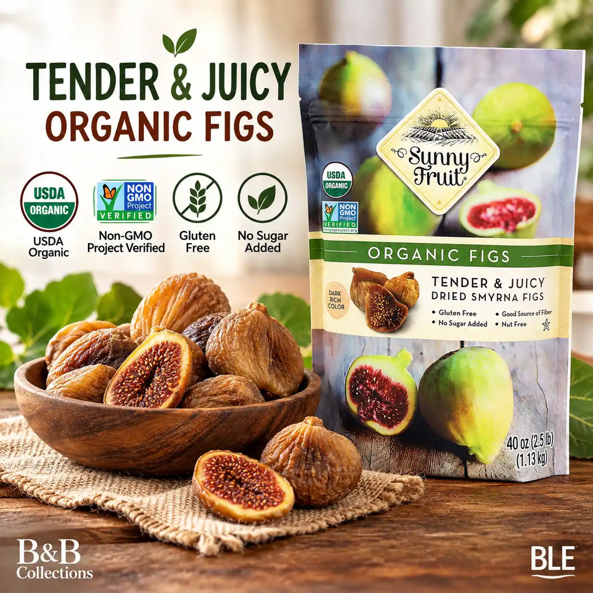 Sunny Fruit Organic Dried Smyrna Figs, 40 oz (2.5 lb), Tender & Juicy Sun-Dried Figs, USDA Organic, Non-GMO, Gluten-Free, No Sugar Added, Good Source of Fiber