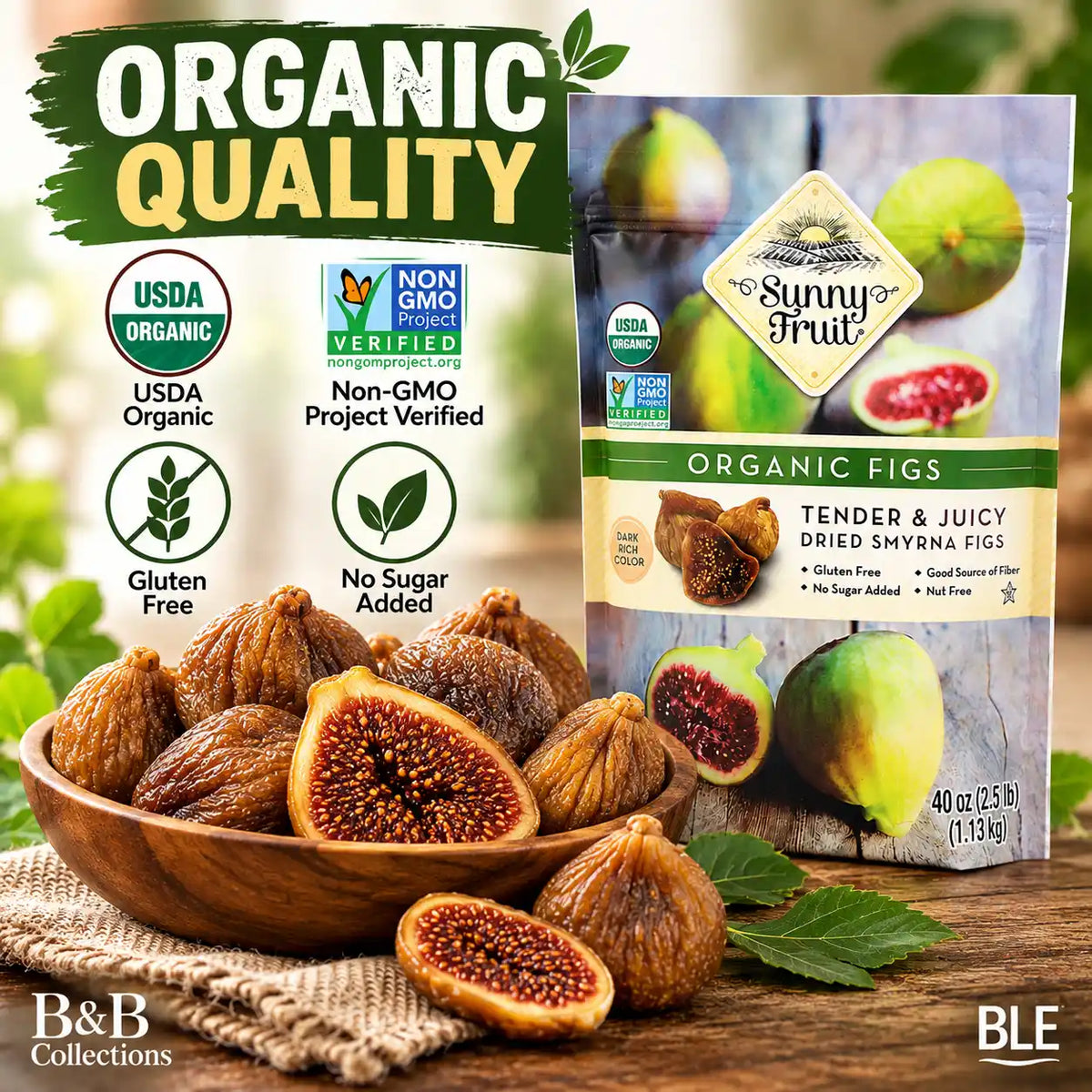 Sunny Fruit Organic Dried Smyrna Figs, 40 oz (2.5 lb), Tender & Juicy Sun-Dried Figs, USDA Organic, Non-GMO, Gluten-Free, No Sugar Added, Good Source of Fiber