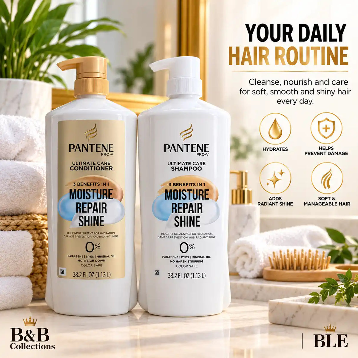 Pantene Pro-V Ultimate Care Shampoo & Conditioner Set, Moisture Repair Shine, 3 Benefits in 1, Hydration, Damage Prevention & Radiant Shine, 38.2 fl oz Each, 2 Pack