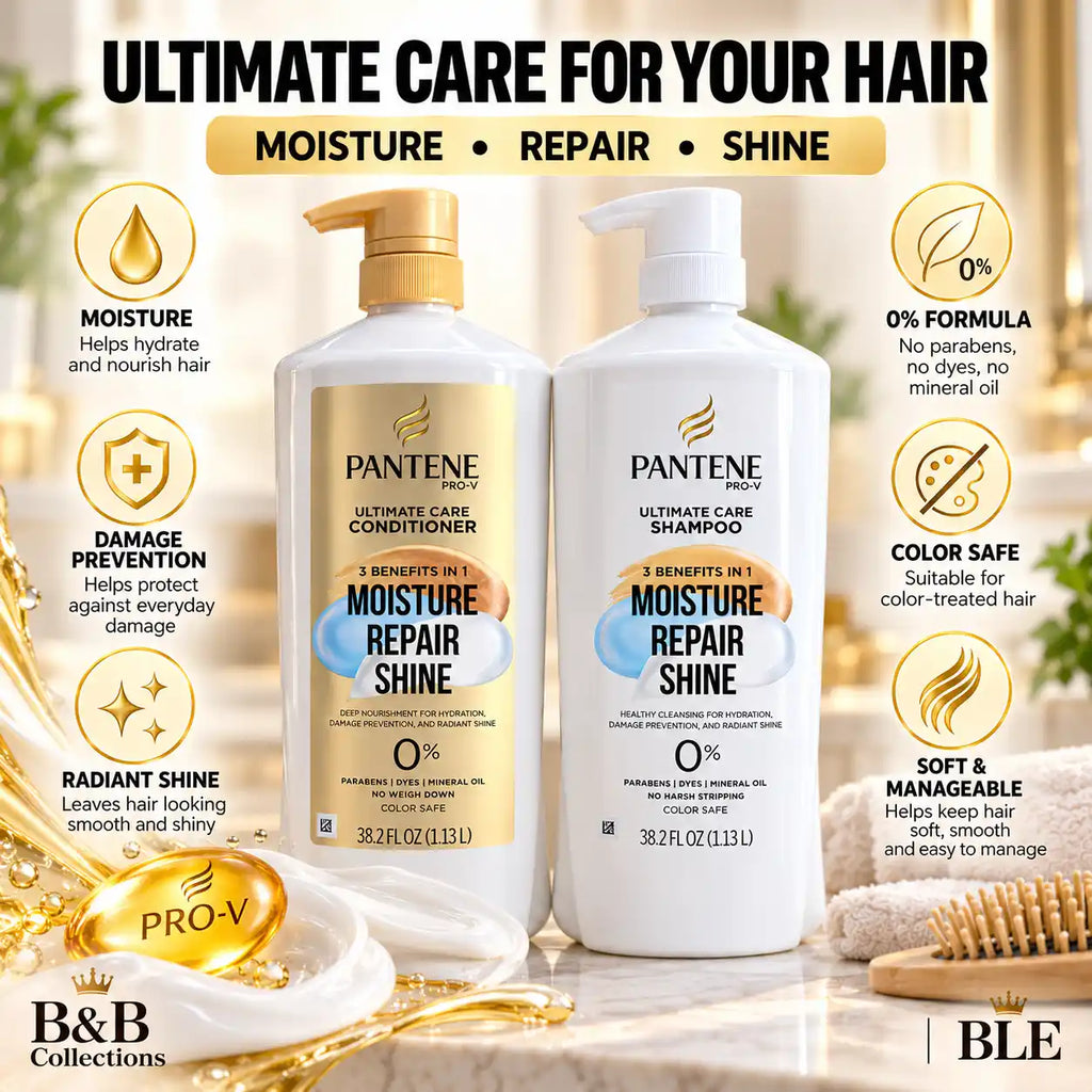 Pantene Pro-V Ultimate Care Shampoo & Conditioner Set, Moisture Repair Shine, 3 Benefits in 1, Hydration, Damage Prevention & Radiant Shine, 38.2 fl oz Each, 2 Pack