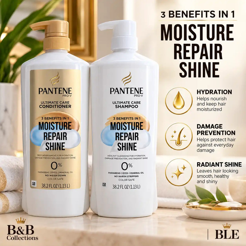 Pantene Pro-V Ultimate Care Shampoo & Conditioner Set, Moisture Repair Shine, 3 Benefits in 1, Hydration, Damage Prevention & Radiant Shine, 38.2 fl oz Each, 2 Pack