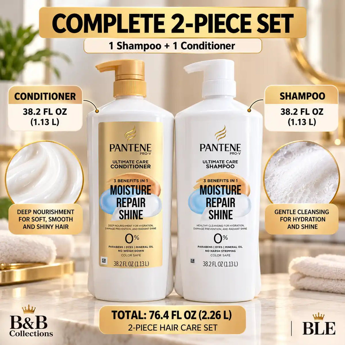Pantene Pro-V Ultimate Care Shampoo & Conditioner Set, Moisture Repair Shine, 3 Benefits in 1, Hydration, Damage Prevention & Radiant Shine, 38.2 fl oz Each, 2 Pack
