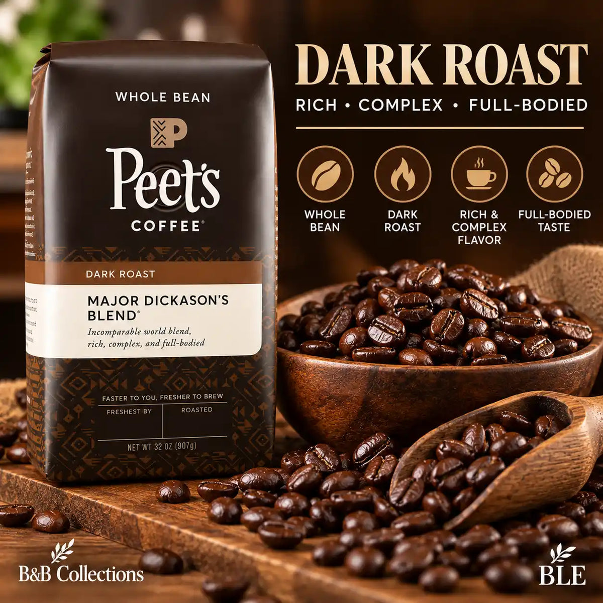 Peet's Coffee Major Dickason's Blend Dark Roast Whole Bean Coffee, 32 oz (2 lb), Rich & Full-Bodied