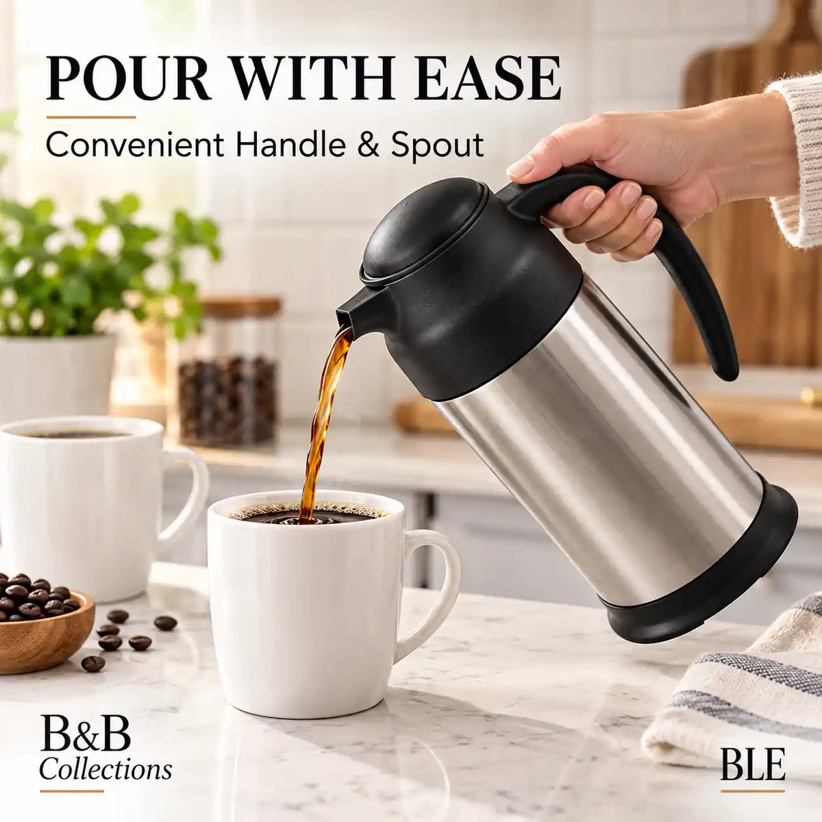 Stainless Steel Thermal Coffee Carafe, Insulated Coffee & Tea Server with Easy-Pour Spout and Ergonomic Handle, Silver & Black