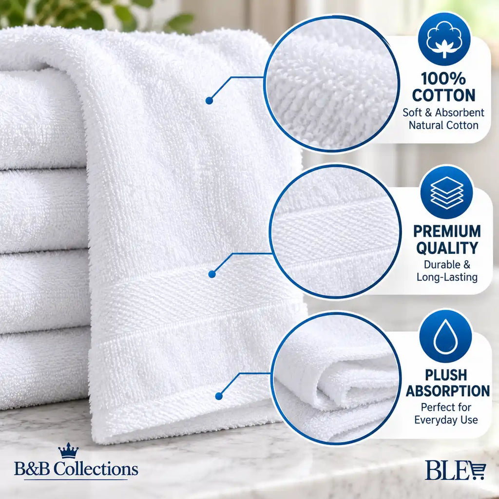 Grandeur Hospitality Hand Towels, 12-Pack, 100% Cotton, White, 16" x 30", Soft & Absorbent Towels for Bathroom, Guest & Commercial Use