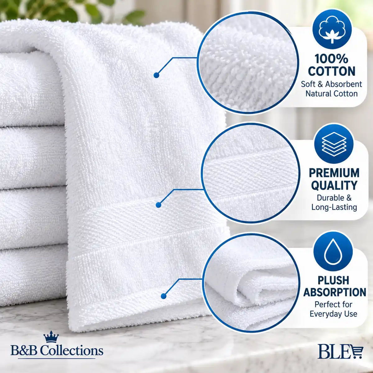 Grandeur Hospitality Hand Towels, 12-Pack, 100% Cotton, White, 16" x 30", Soft & Absorbent Towels for Bathroom, Guest & Commercial Use