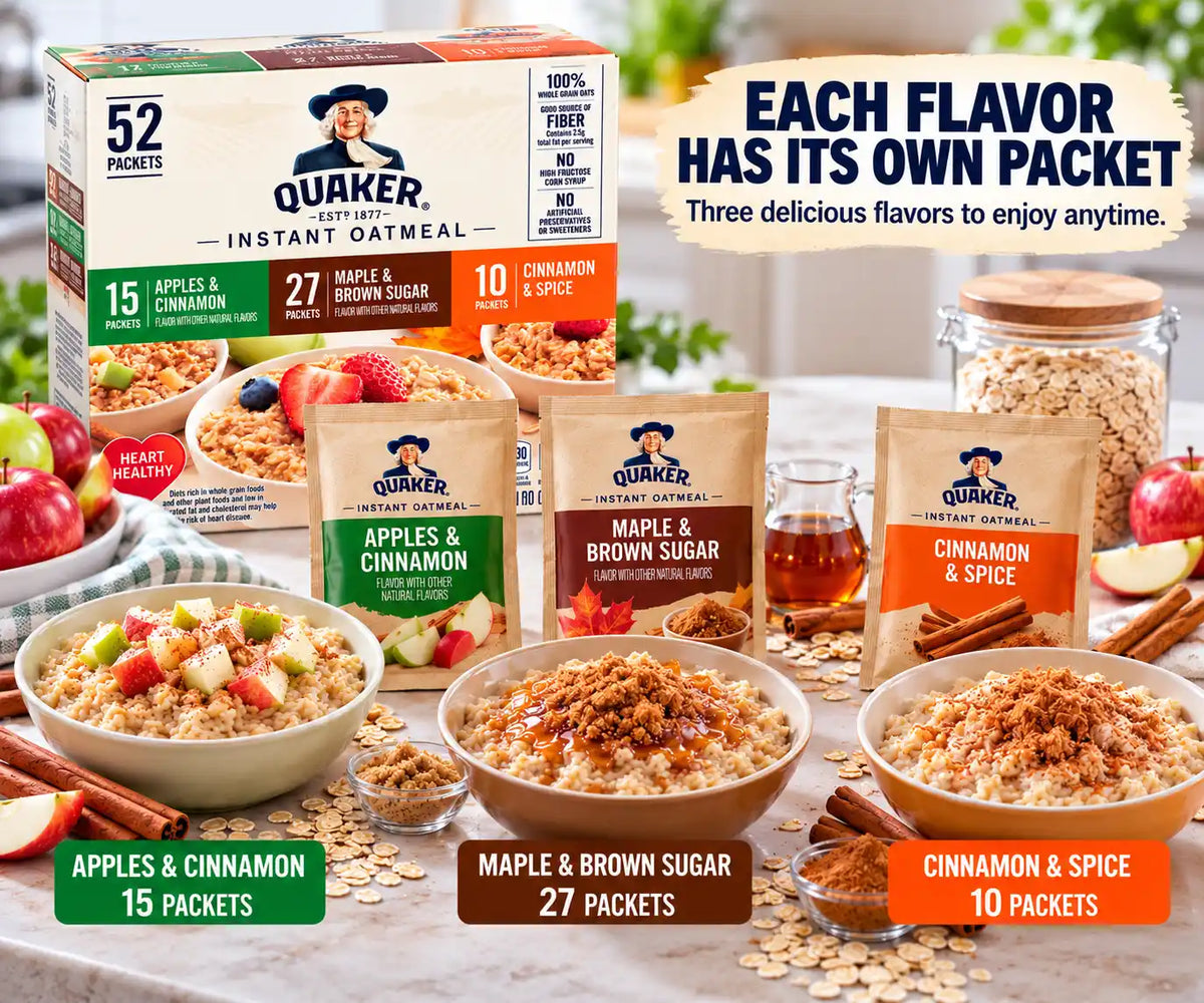 Quaker Instant Oatmeal Variety Pack, 52 Individual Packets, Maple & Brown Sugar, Apples & Cinnamon, Cinnamon & Spice, 100% Whole Grain Oats, 74.6 oz