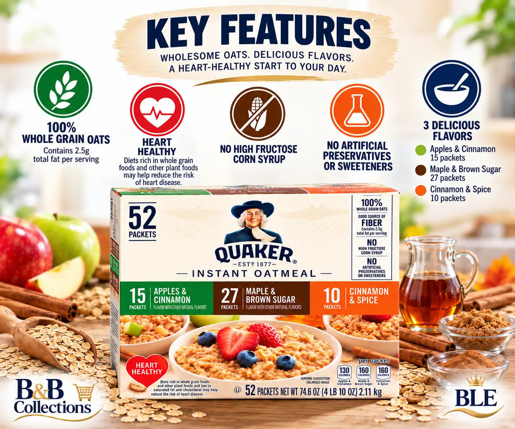 Quaker Instant Oatmeal Variety Pack, 52 Individual Packets, Maple & Brown Sugar, Apples & Cinnamon, Cinnamon & Spice, 100% Whole Grain Oats, 74.6 oz