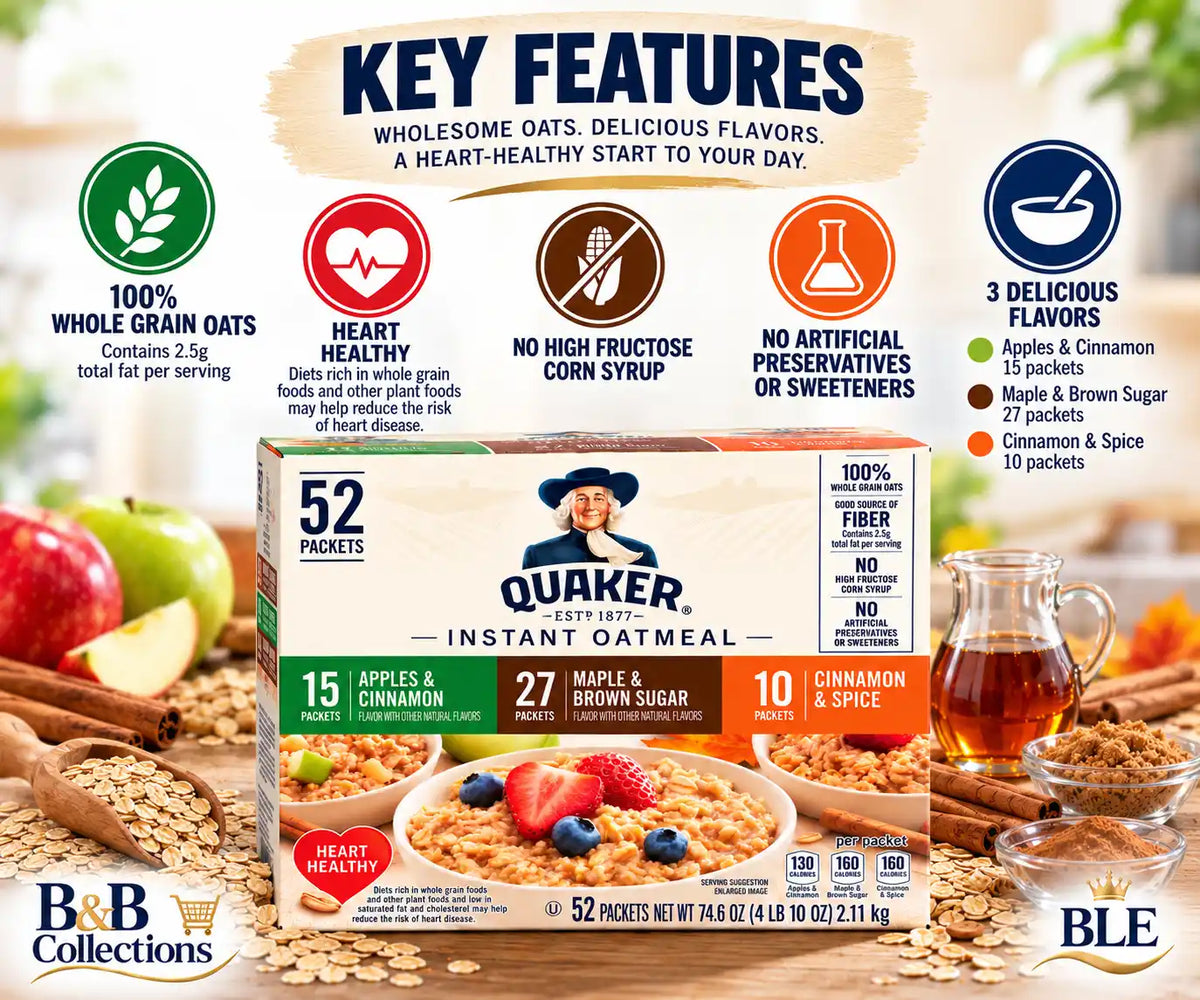 Quaker Instant Oatmeal Variety Pack, 52 Individual Packets, Maple & Brown Sugar, Apples & Cinnamon, Cinnamon & Spice, 100% Whole Grain Oats, 74.6 oz