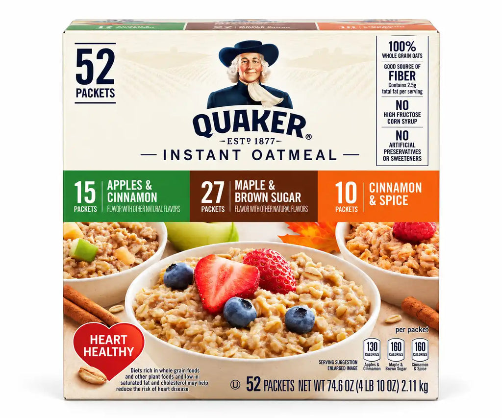 Quaker Instant Oatmeal Variety Pack, 52 Individual Packets, Maple & Brown Sugar, Apples & Cinnamon, Cinnamon & Spice, 100% Whole Grain Oats, 74.6 oz