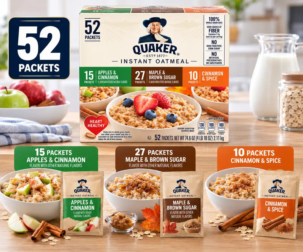Quaker Instant Oatmeal Variety Pack, 52 Individual Packets, Maple & Brown Sugar, Apples & Cinnamon, Cinnamon & Spice, 100% Whole Grain Oats, 74.6 oz