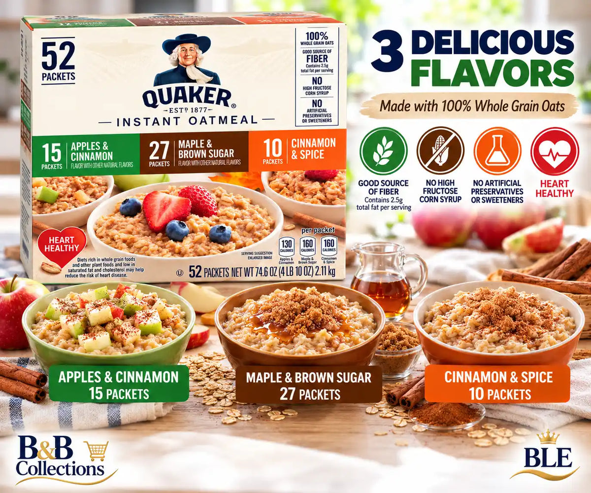 Quaker Instant Oatmeal Variety Pack, 52 Individual Packets, Maple & Brown Sugar, Apples & Cinnamon, Cinnamon & Spice, 100% Whole Grain Oats, 74.6 oz