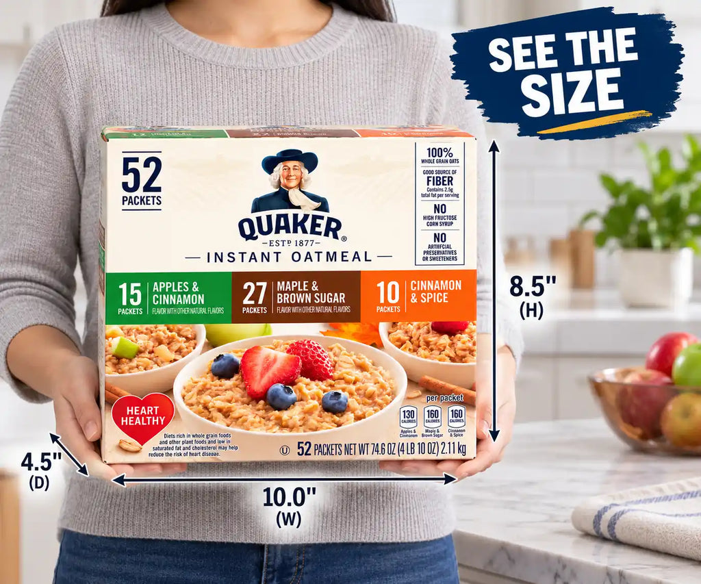 Quaker Instant Oatmeal Variety Pack, 52 Individual Packets, Maple & Brown Sugar, Apples & Cinnamon, Cinnamon & Spice, 100% Whole Grain Oats, 74.6 oz