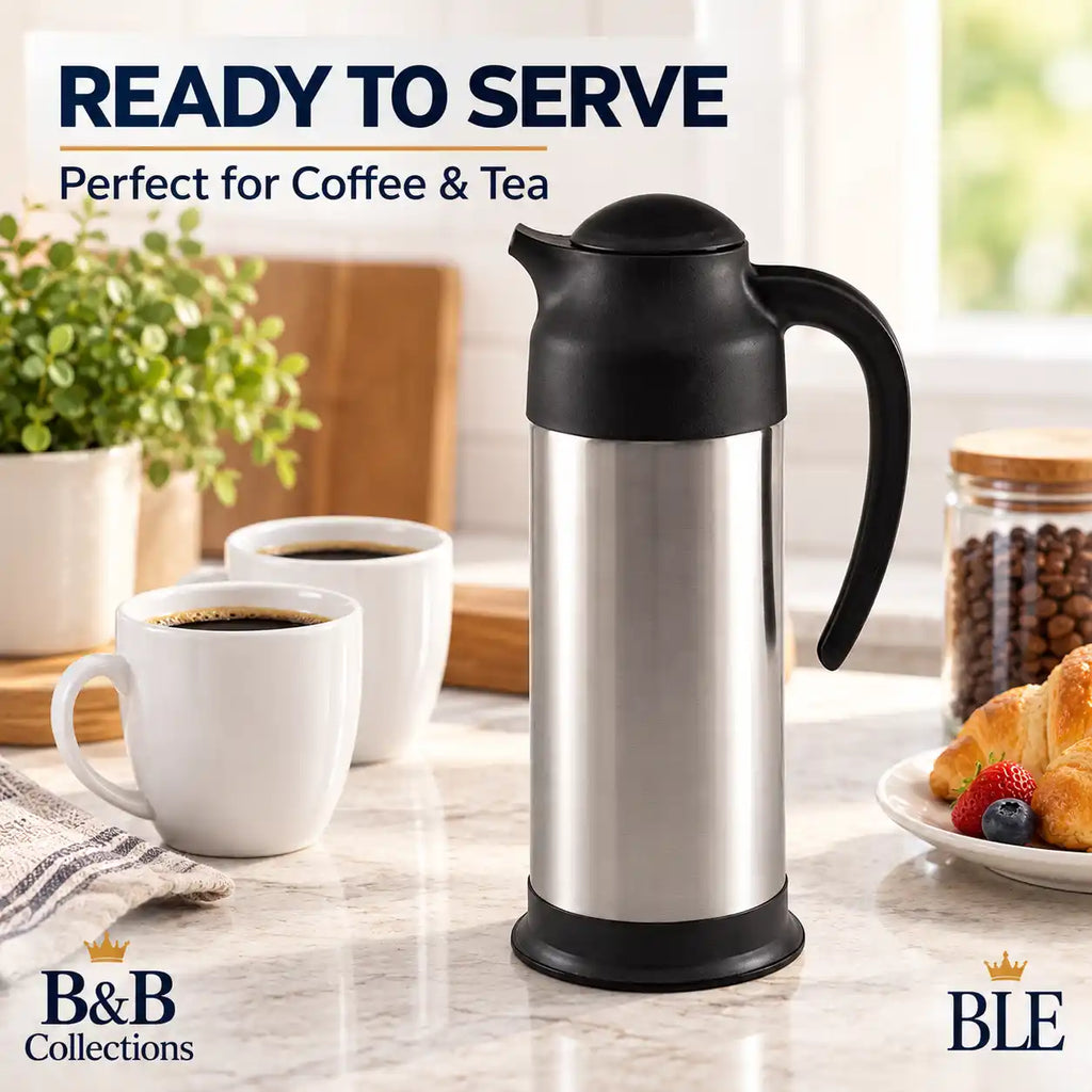 Stainless Steel Thermal Coffee Carafe, Insulated Coffee & Tea Server with Easy-Pour Spout and Ergonomic Handle, Silver & Black