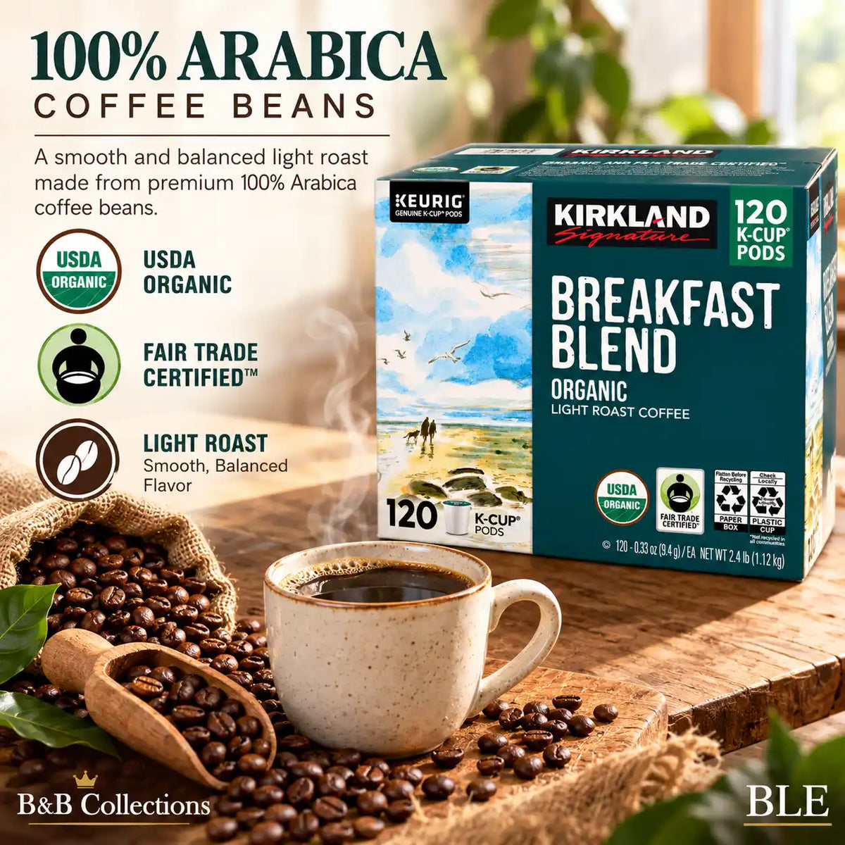Kirkland Signature Organic Breakfast Blend Light Roast Coffee, 120 Keurig K-Cup Pods, 100% Arabica, Fair Trade Certified