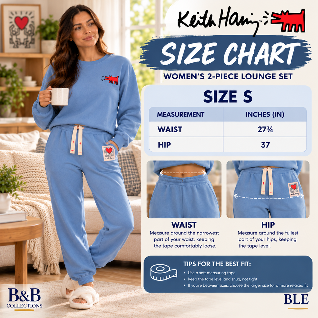 Keith Haring Women's 2-Piece Crewneck Sweatshirt & Jogger Fleece Lounge Set, Blue, Small