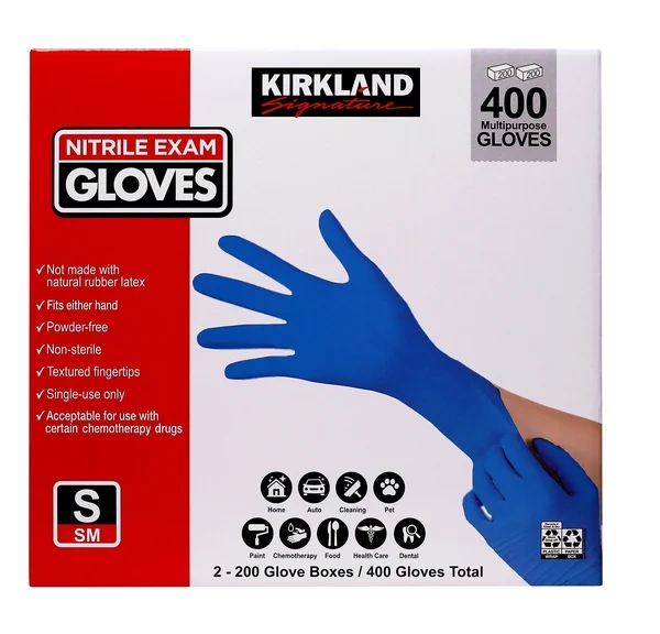 Kirkland Signature Nitrile Exam Gloves, 400 Count (2 x 200), Powder-Free, Latex-Free, Disposable Multipurpose Gloves, Non-Sterile, Textured Fingertips, Small/Medium/Large
