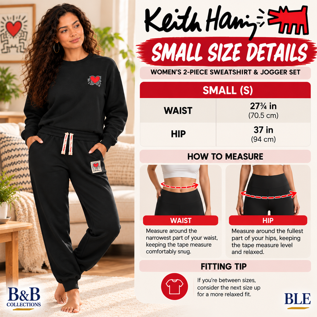 Keith Haring Women's 2-Piece Crewneck Sweatshirt & Jogger Fleece Lounge Set, Black, Small