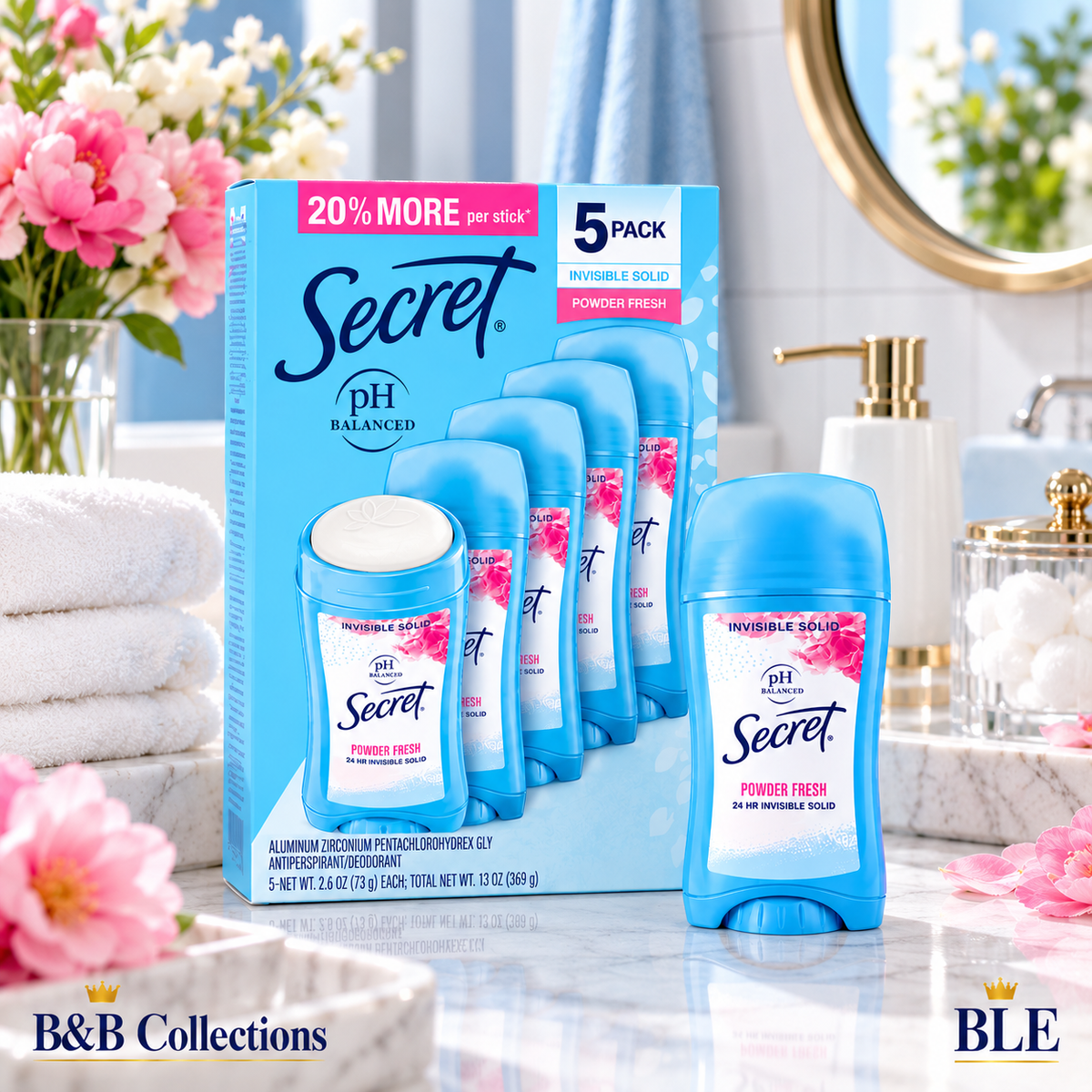 Secret Invisible Solid Antiperspirant Deodorant, Powder Fresh, pH Balanced, 5-Pack, 2.6 oz Each