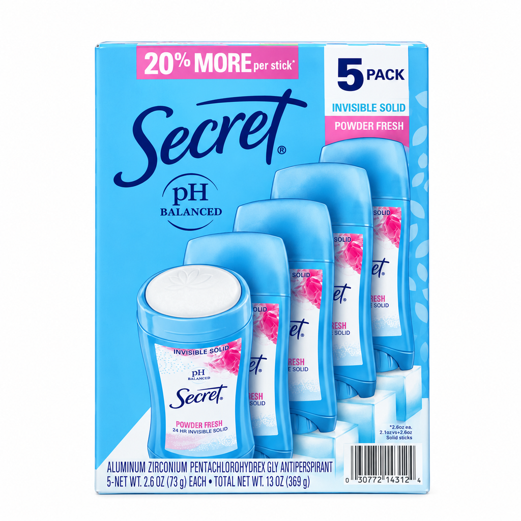 Secret Invisible Solid Antiperspirant Deodorant, Powder Fresh, pH Balanced, 5-Pack, 2.6 oz Each