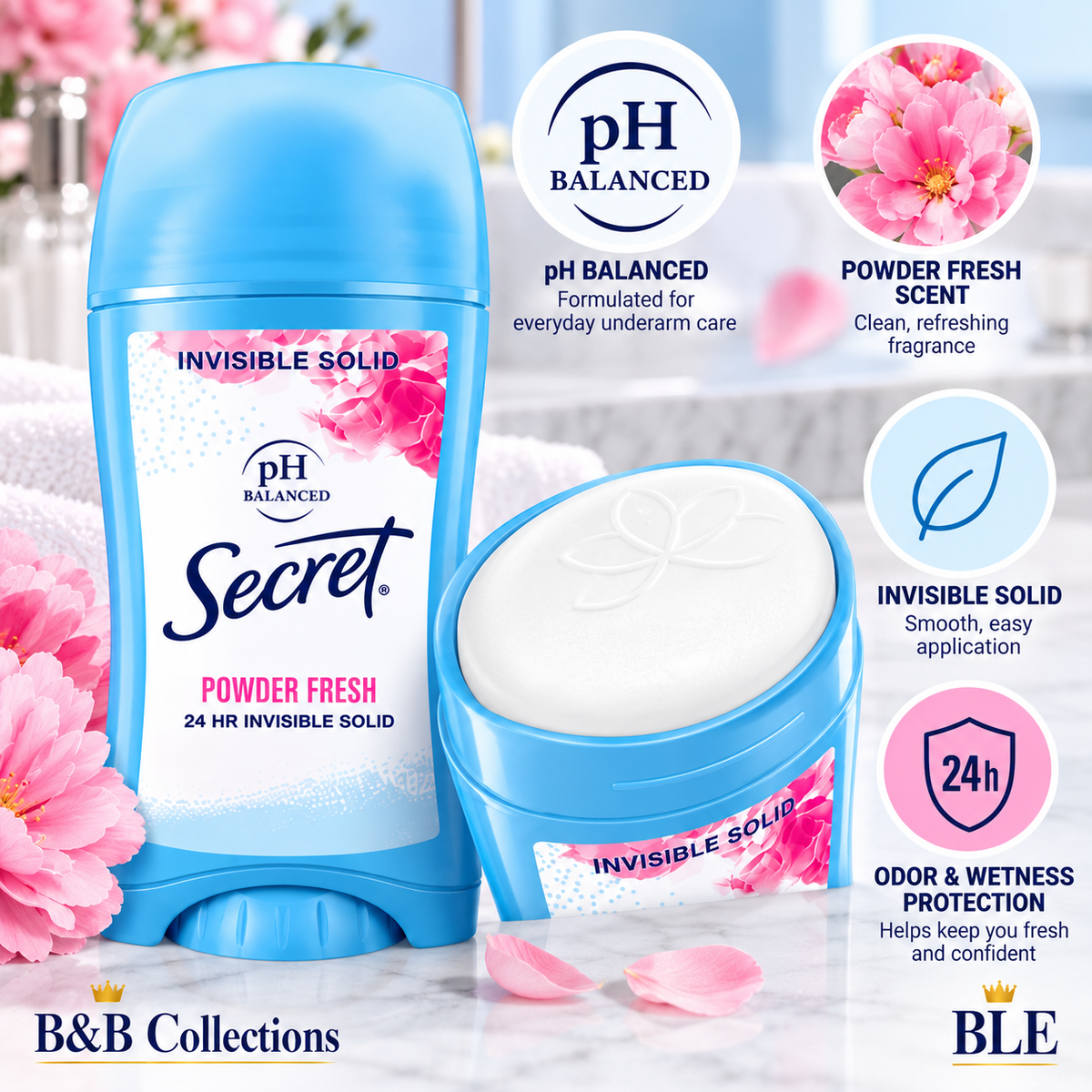 Secret Invisible Solid Antiperspirant Deodorant, Powder Fresh, pH Balanced, 5-Pack, 2.6 oz Each