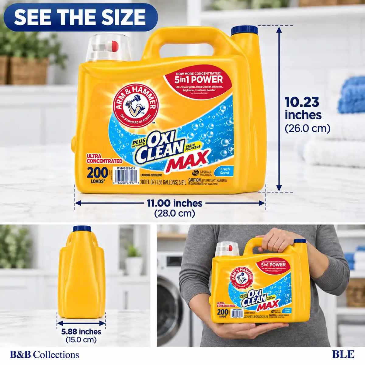 ARM & HAMMER Plus OxiClean MaAX Liquid Laundry Detergent, Fresh Scent, Ultra Concentrated 5-in-1 Power, 200 Loads, 200 fl oz