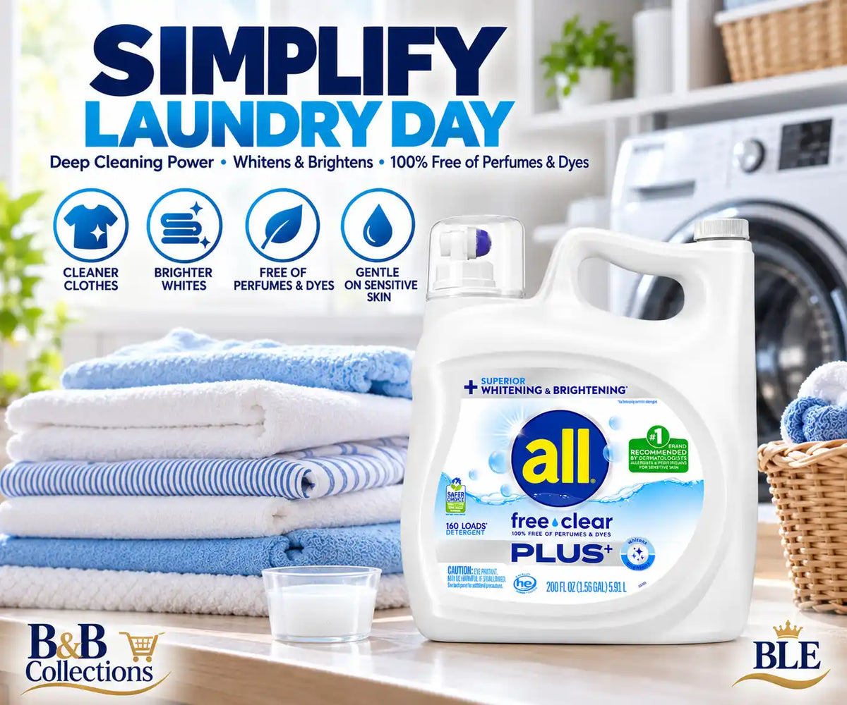 all Free Clear Plus+ Liquid Laundry Detergent, Unscented, 100% Free of Perfumes & Dyes, Superior Whitening & Brightening, Sensitive Skin, 160 Loads, 200 fl oz