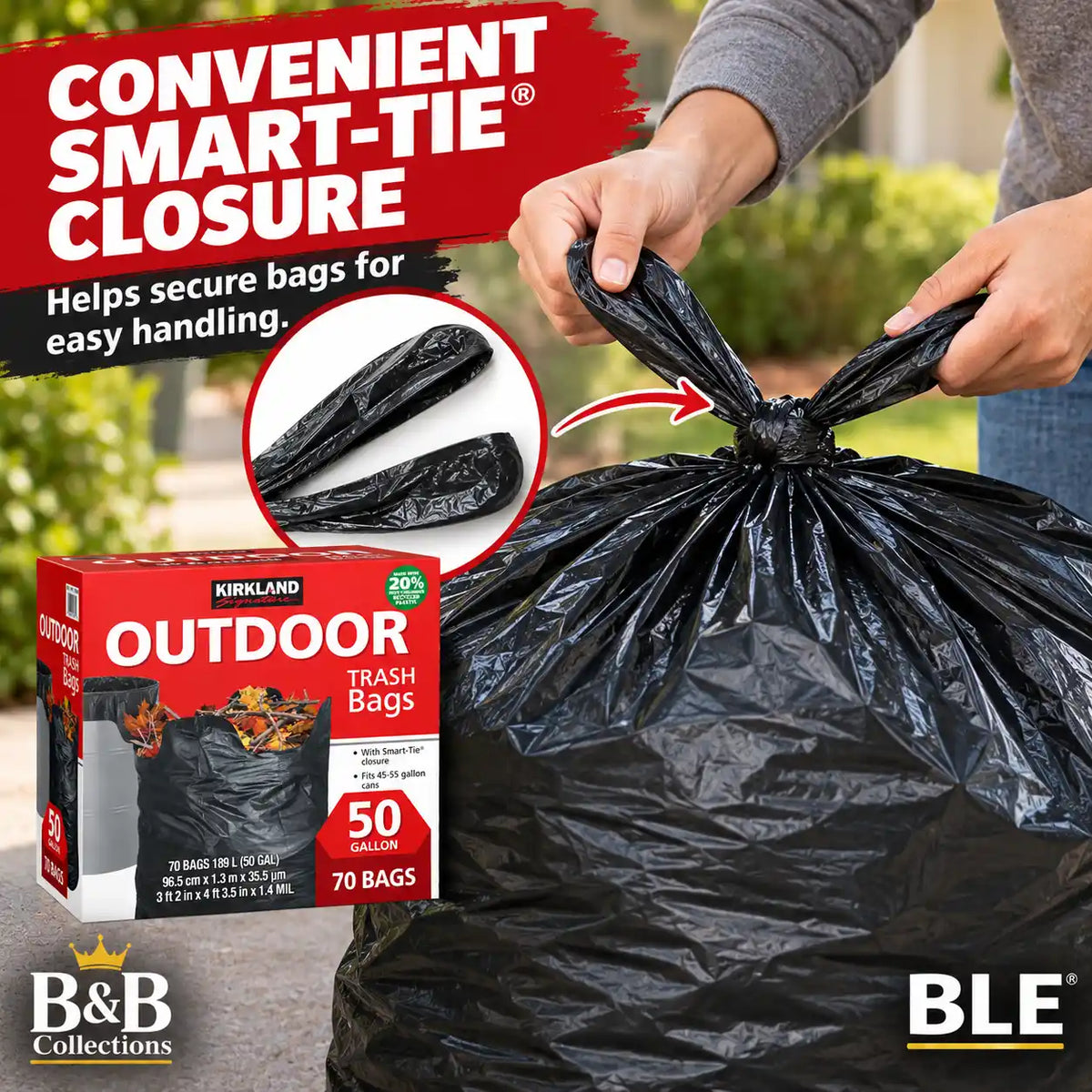 Kirkland Signature Outdoor Trash Bags, 50 Gallon, 70 Count, Heavy Duty Black Yard Waste Bags with Smart-Tie Closure, Fits 45–55 Gallon Cans