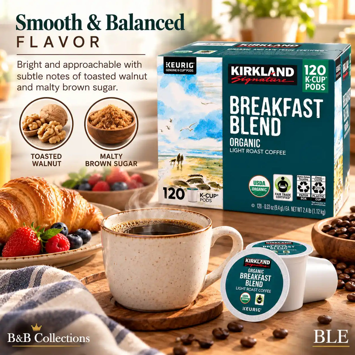 Kirkland Signature Organic Breakfast Blend Light Roast Coffee, 120 Keurig K-Cup Pods, 100% Arabica, Fair Trade Certified