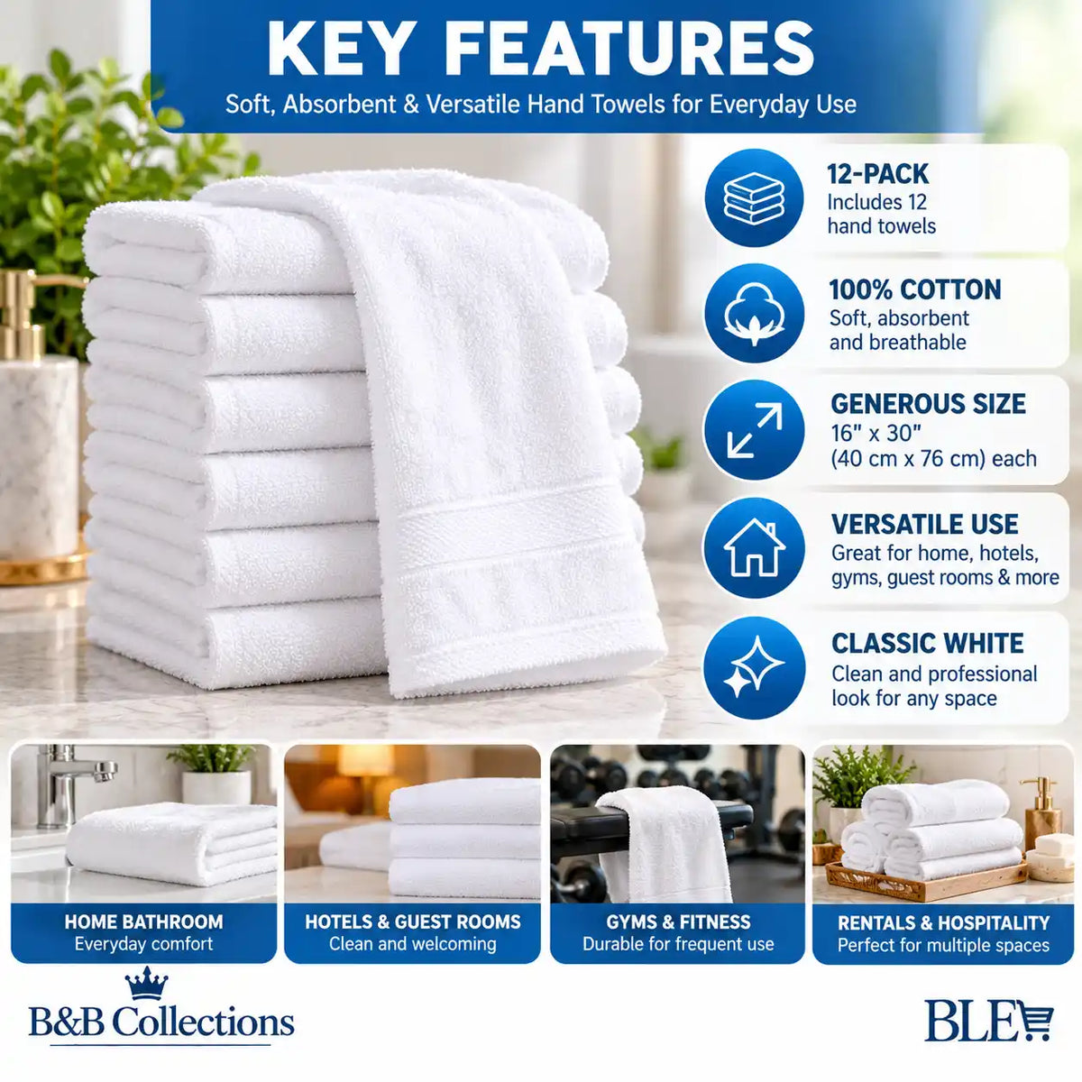 Grandeur Hospitality Hand Towels, 12-Pack, 100% Cotton, White, 16" x 30", Soft & Absorbent Towels for Bathroom, Guest & Commercial Use