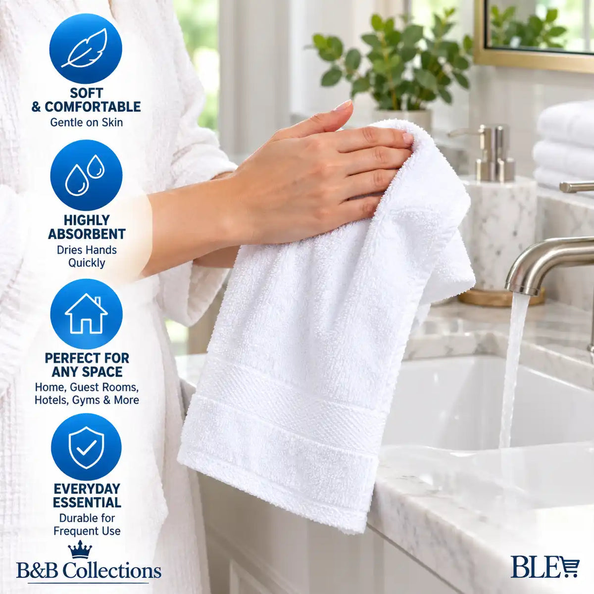 Grandeur Hospitality Hand Towels, 12-Pack, 100% Cotton, White, 16" x 30", Soft & Absorbent Towels for Bathroom, Guest & Commercial Use