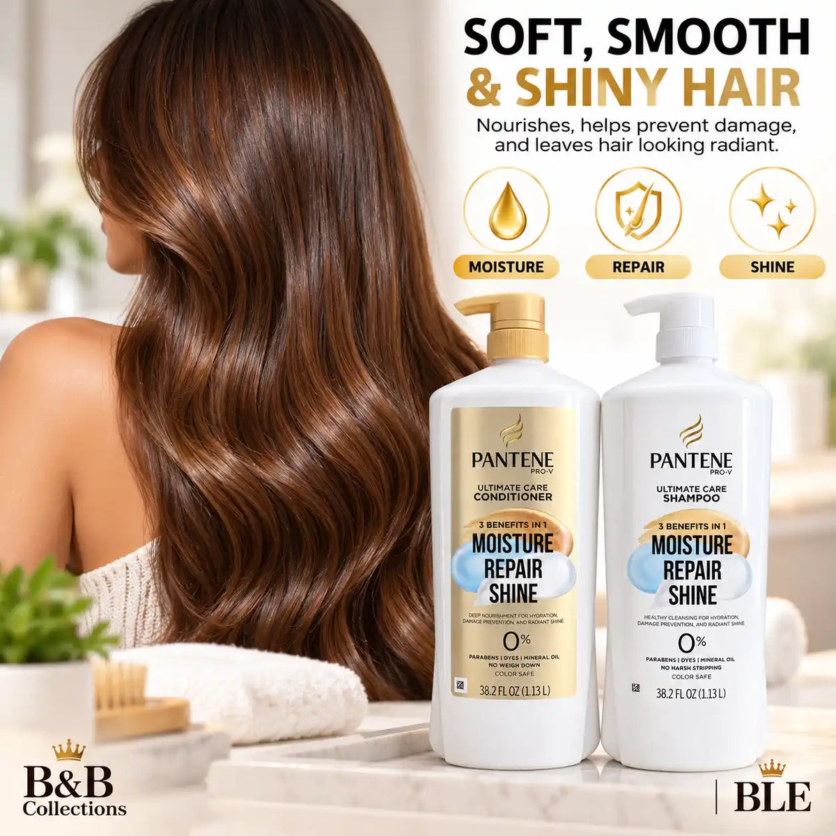 Pantene Pro-V Ultimate Care Shampoo & Conditioner Set, Moisture Repair Shine, 3 Benefits in 1, Hydration, Damage Prevention & Radiant Shine, 38.2 fl oz Each, 2 Pack