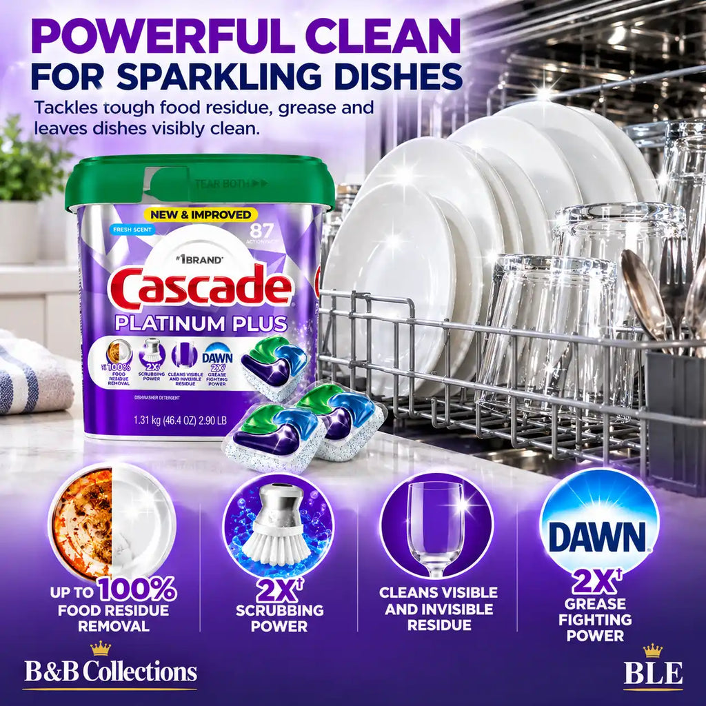 Cascade Platinum Plus Dishwasher Detergent ActionPacs, Fresh Scent, 87 Count, 2X Scrubbing Power, Grease Fighting & Food Residue Removal