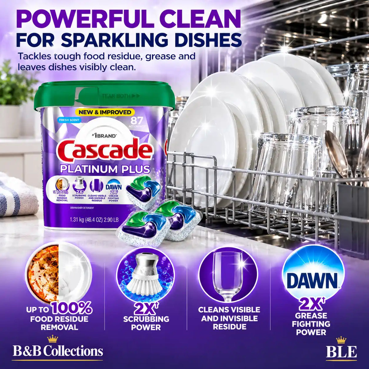 Cascade Platinum Plus Dishwasher Detergent ActionPacs, Fresh Scent, 87 Count, 2X Scrubbing Power, Grease Fighting & Food Residue Removal