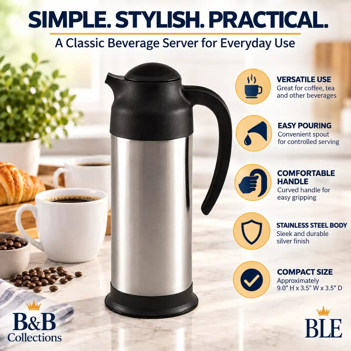 Stainless Steel Thermal Coffee Carafe, Insulated Coffee & Tea Server with Easy-Pour Spout and Ergonomic Handle, Silver & Black