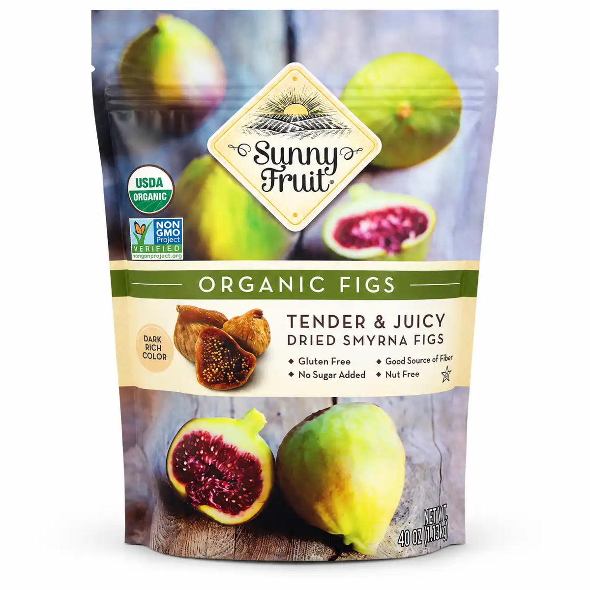 Sunny Fruit Organic Dried Smyrna Figs, 40 oz (2.5 lb), Tender & Juicy Sun-Dried Figs, USDA Organic, Non-GMO, Gluten-Free, No Sugar Added, Good Source of Fiber